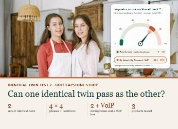 Identical twin sisters in a bright kitchen beside an impostor score gauge, with the title Identical Twin Test 2