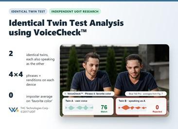 Identical twin brothers in white shirts in front of a blue backdrop, with the title Identical Twin Test Analysis using VoiceCheck
